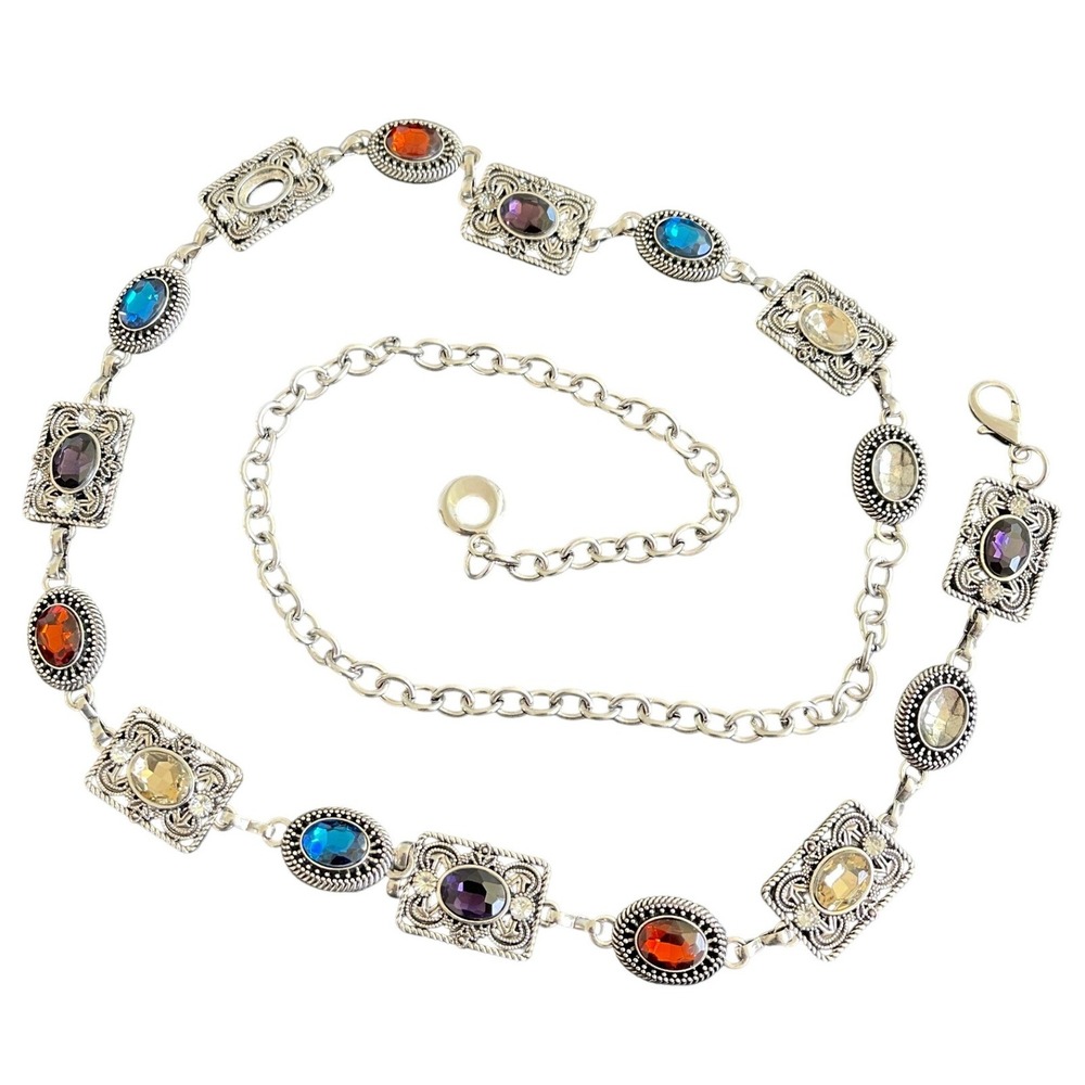 Y2K Silver Multi Color Faux Gemstone Filigree Chain Link Belt Boho Pirate Witchy